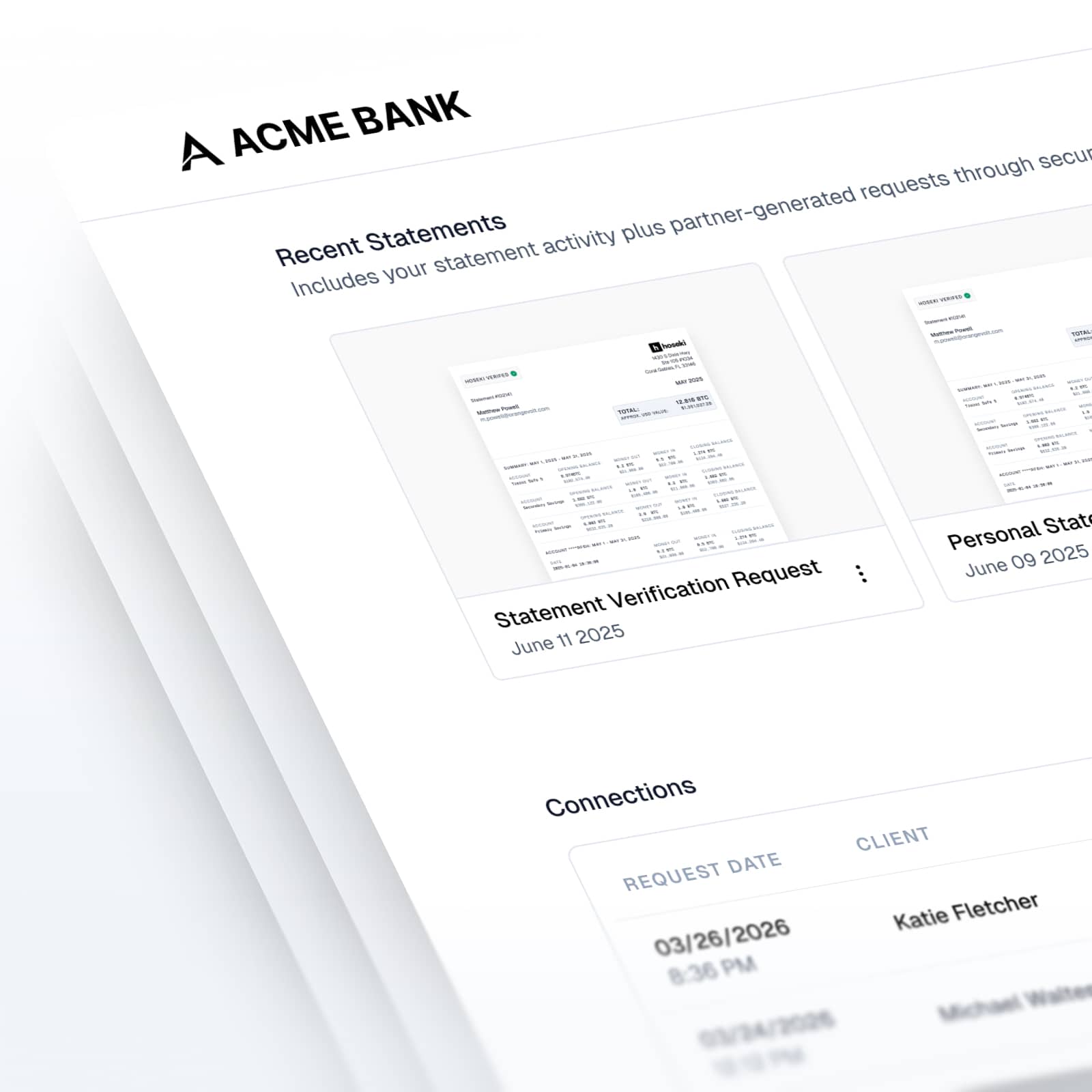 Recent statements and connections table in a bank dashboard
